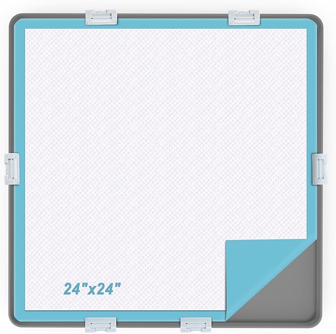 Pee Pad Tray Holder for Dog,Silicone Dog Puppy Pad Holder,24" x 24" No Spill Raised Lip High Edge Leak-Proof Mat Holder for Training Pads,Square Potty Trays for Floor Protection Complimentary 6 Clamps