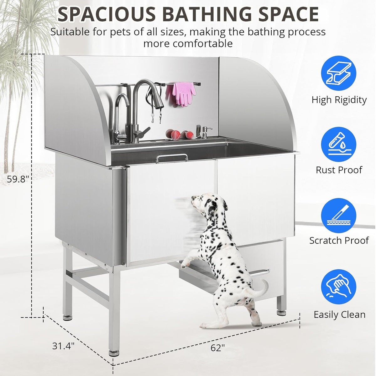 Professional Dog Grooming Tub, 62" Stainless Steel Dog Wash Station with Foldable Ramp, Storage Drawer, Floor Grate & Faucet/Dog Bathtub for Large, Medium & Small Pets - Left Door (62")