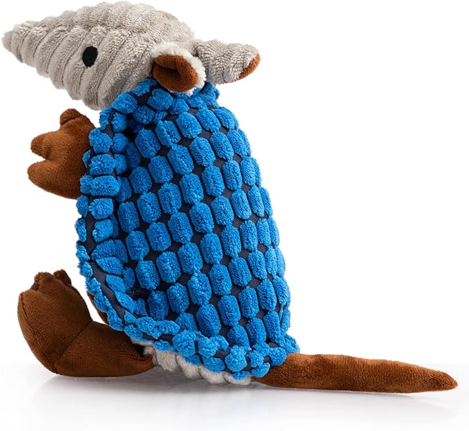 Hollypet Plush Dog Squeaky Toy Stuffed Armadillo Animal Pet Puppy Chew Toys with Clean Teeth for Small Medium Large All Breed Sizes Dogs, Blue, 8 in