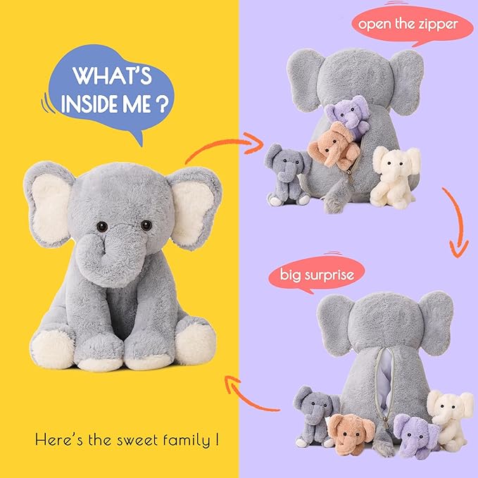 5 Pieces Elephant Stuffed Animals for Girls, 1 Mommy Elephant with 4 Babies Soft Plush Set Toys Gifts for Kids Children 3 4 5 6 7 8 9 Years, Christmas, Birthday, Children's Day