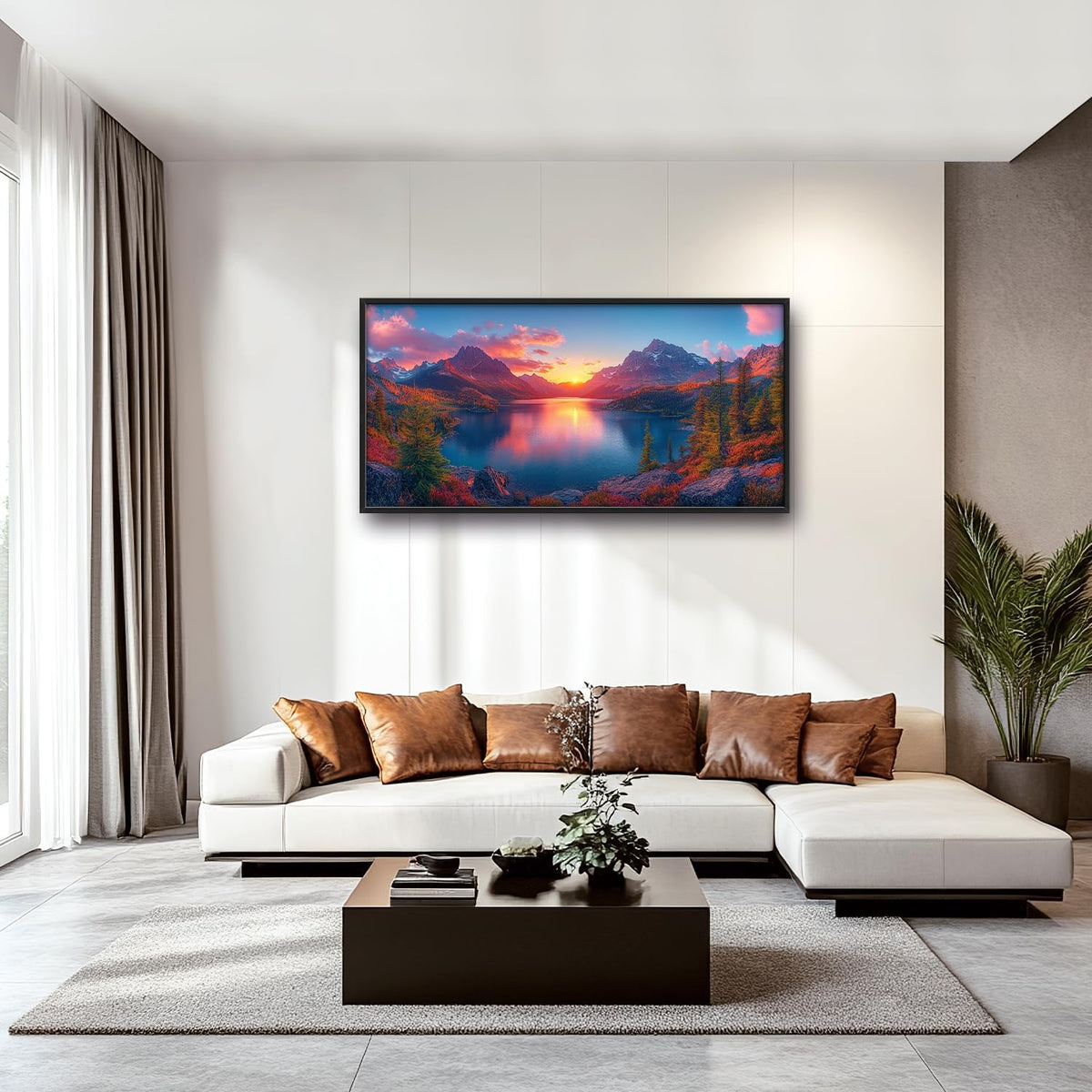Large Lake Mountain Landscape Wall Art for Living Room, Nature Sunrise Canvas Oversized Wall Decor, River Forest Scenery Framed Pictures Painting Print Artwork for Bedroom Office 60"L x 30"W