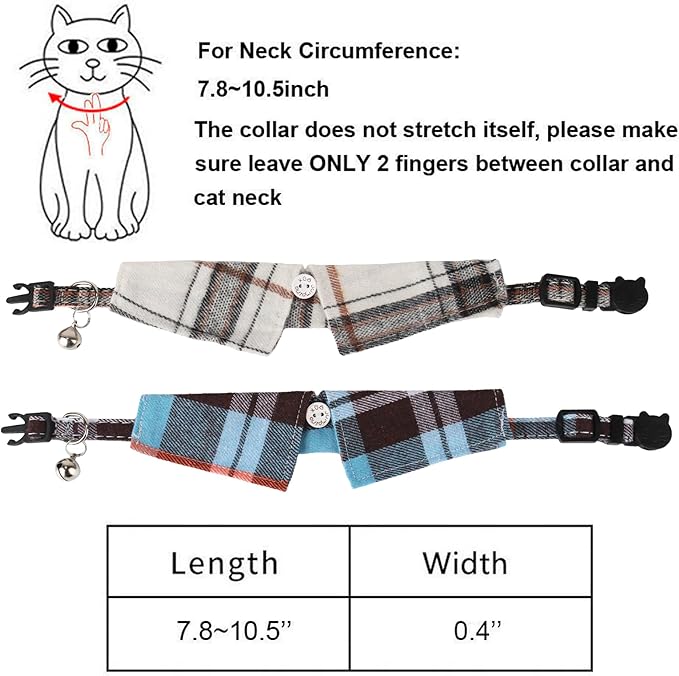 ADOGGYGO Cat Collar Breakaway with Bowtie Bell, Removable Shirt Collar, 2 Pack Beige Blue Plaid Collars for Cat Kitten
