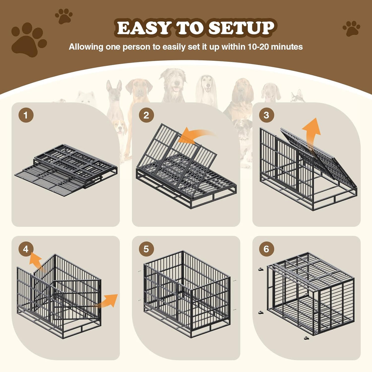 Dog Crate with Removable Tray, 37/42/46 Inch Indestructible and Escape Proof Steel Dog Cage Kennel for High Anxiety Dogs, Heavy Duty Dog Crate with Wheels, Double Door, Extra Large XL XXL