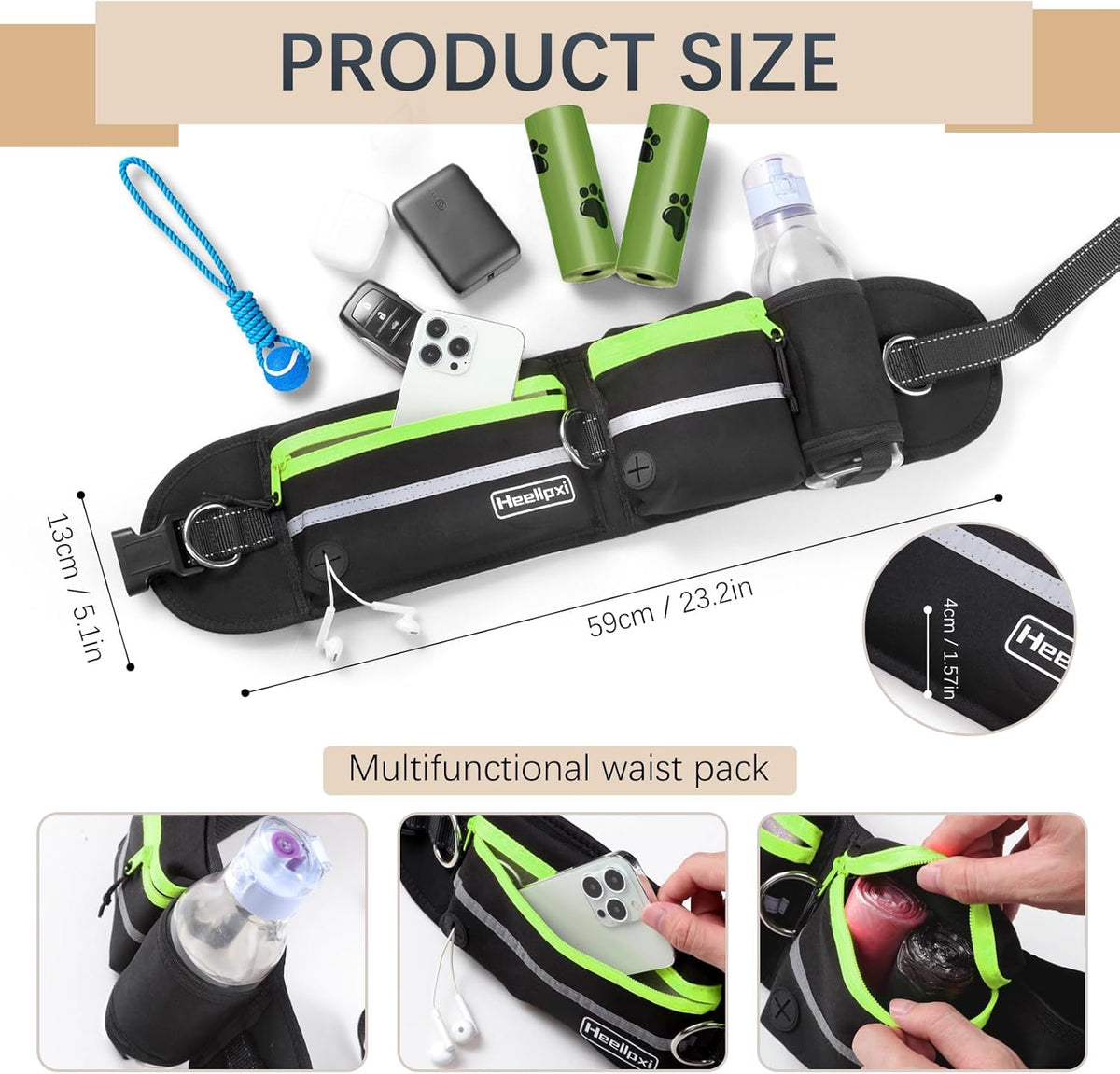 Hands-Free Waist Leash with Pouch for Two Dogs: Reflective Stitching, Dual Handle & Bungee Retractable Design – Ideal for Medium to Large Dogs (Green) – Dog Walking Accessories