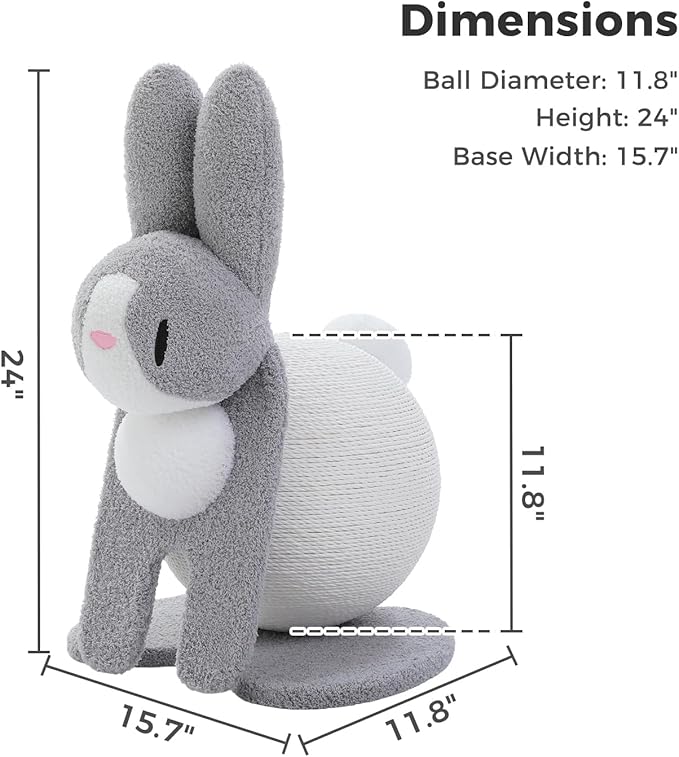 Cute Cat Scratcher- Bunny Style, Cat Scratching Post with Paper Rope, Extra Large Cat Scratch Ball (Ø11.8) for Indoor Kitten, Rabbit Scratch Ball for Kitty to Climb & Play, Gray