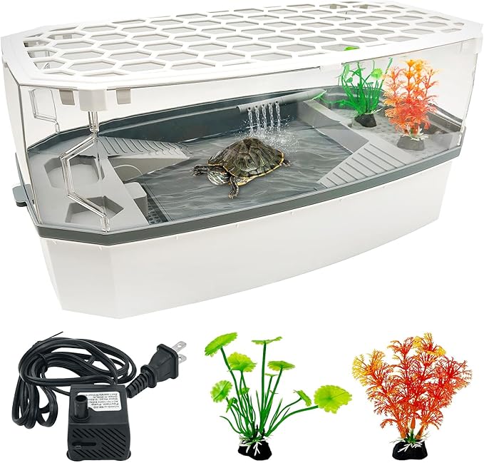 Hamiledyi Small Turtle Tank with Lid and Water Pump Acrylic Turtle Aquarium Starter Kit Easy to Change Water Multi-Function Area Reptile Habitat for Turtles Hermit Crabs Crayfish Tortoises (Medium)