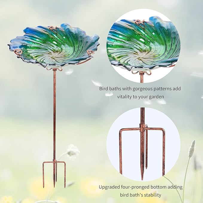 Glass Bird Bath Outdoor Birdbaths Garden Birdfeeder with Metal Stake Green(Height:26inch)