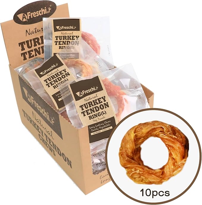 A Freschi srl Turkey Tendons for Dogs, USA-Sourced, Healthy Dog Treats, Rawhide-Free Puppy Chews, Long Lasting, All Natural, Hypoallergenic Dog Treats for Large Breeds, 10 Count Box Ring (L)