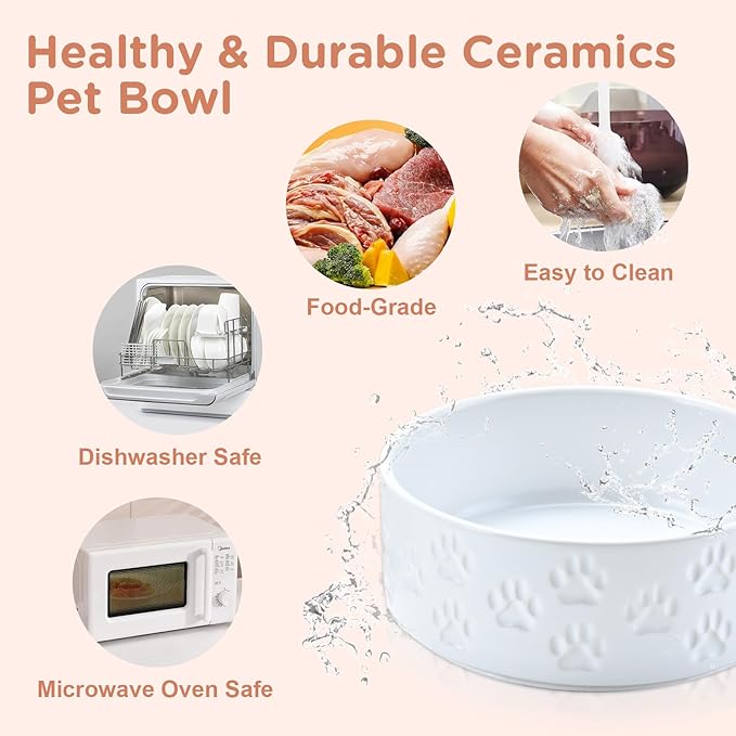 SPUNKYJUNKY Elevated Dog Bowls Ceramic, 5.1'' Dogs and Cat Food Water Bowls Raised with Non-Slip Bamboo Stand for Puppy Small Sized Breed Microwave Dishwasher Safe - 13.5 OZ,Paw White