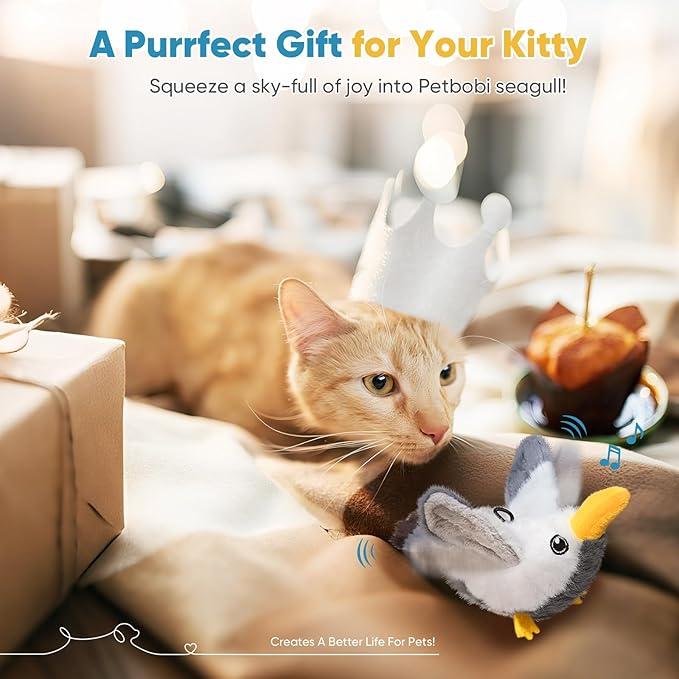 Petbobi Flapping Bird Cat Toys - Interactive Cat Toy with Flapping Wings(No-Flying) and Chirp Tweet, Rechargeable Motion-Activated Catnip Seagull Toys for All Breeds Kittens