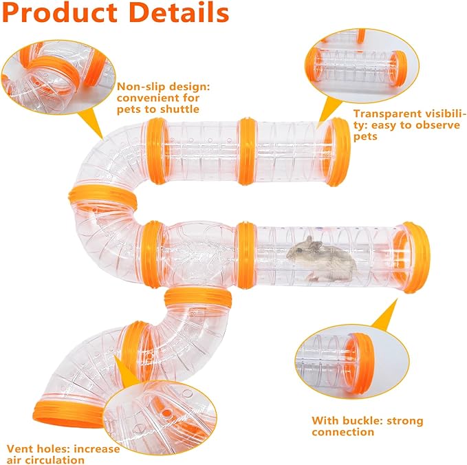 8PCS Hamster Tunnel Tube DIY Assorted Toy Transparent Adventure Pipe Playground Excercise Set for Mouse Syrian Hamster Gerbil (Orange)