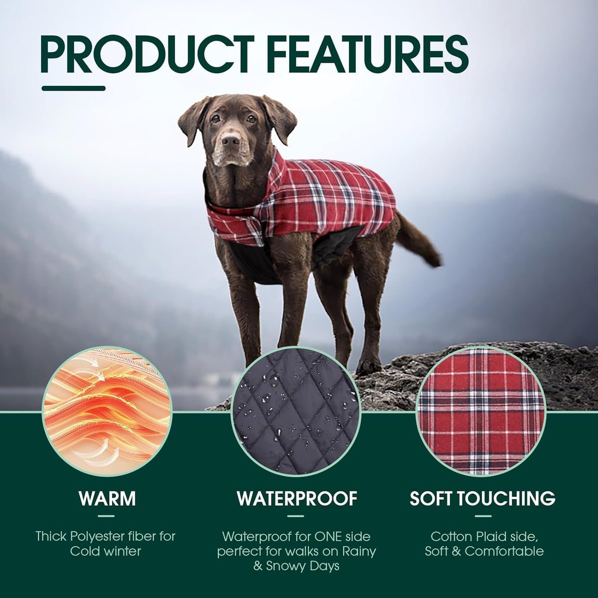 Kuoser Warm Dog Coat, Waterproof Dog Jacket for Extra Large Dogs, Adjustable Durable XL Doggie Winter Coat Reversible Cozy Puppy Cold Weather Apparel from Small to Large Breed, Red XL