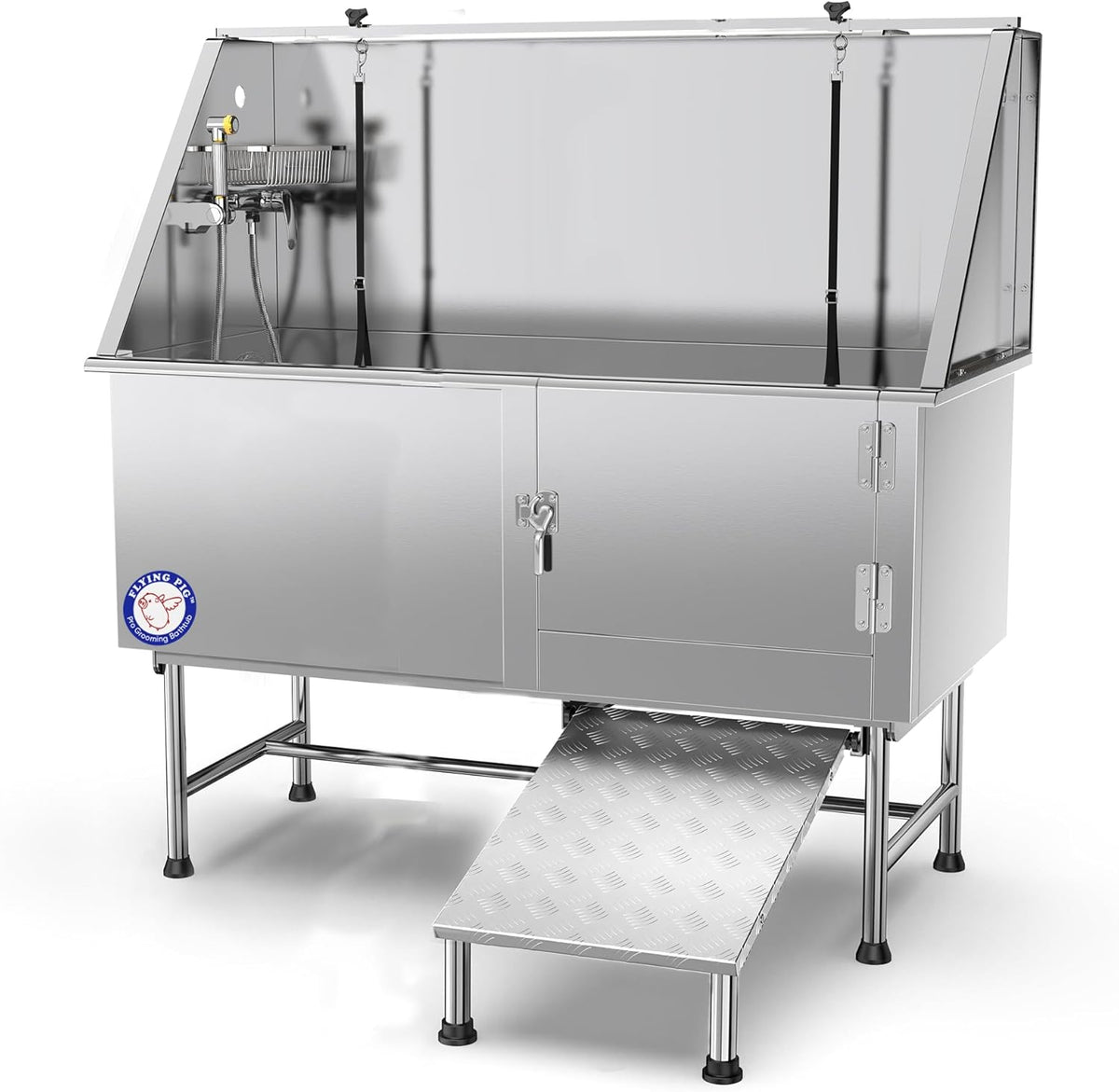 Flying Pig Grooming 62" Stainless Steel Pet Dog Bath Tub with Faucet (Right door/Left Drain), 62 x 27 x 58"