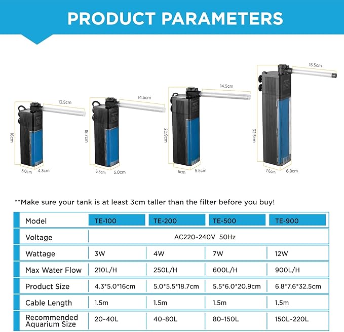 Internal Fish Tank Filter, 4W Adjustable Water Flow Submersible Aquarium Filter Pump for 10~20 Gallon Freshwater or 10~15 Gallon Saltwater, 2 Mode Aeration & Rainfall, TE-200(65GPH)