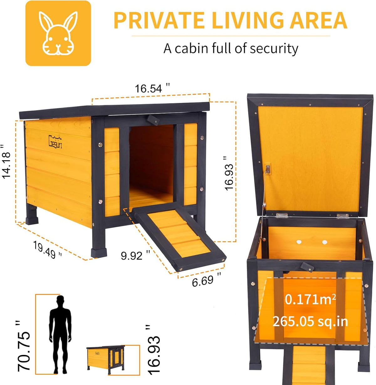 GEGURI Outdoor Cat House Weatherproof, Rabbit Hutch & Indoor Bunny Cage, Wooden Shelter for Feral Cats, Rabbits, Chickens & Small Animals