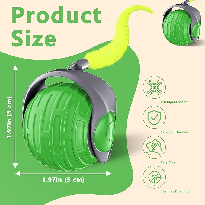 Cat Toys,Interactive Cat Toys Ball for Bored Indoor Cat,Automatic Rolling,Drop Resistant and Obstacle Avoidance,2 Modes Adjustment,Fluffy Tail and USB Type-C Rechargeable（Green）