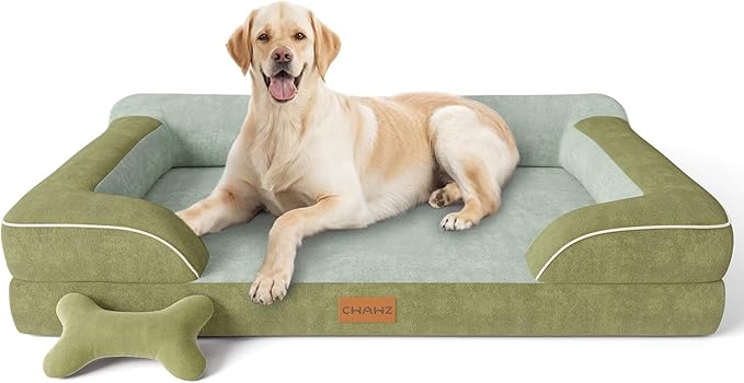 Jumbo Dog Bed for Extra Large Dogs, Orthopedic Dog Bed with Cooling Gel Memory Foam, Waterproof Pet Bed with Removable Washable Cover, 45" Pet Sofa Couch Dutch Velvet with Bone Toy, Dark Green