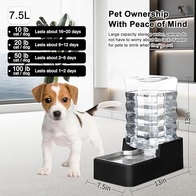 RIZZARI Stainless Steel Pet Water Feeder: 7.5L Black Automatic Leak-Proof Gravity Dispenser - Without Filter - for 20-35LB Senior Dogs with Joint Spine Issues - Bedroom Kitchen