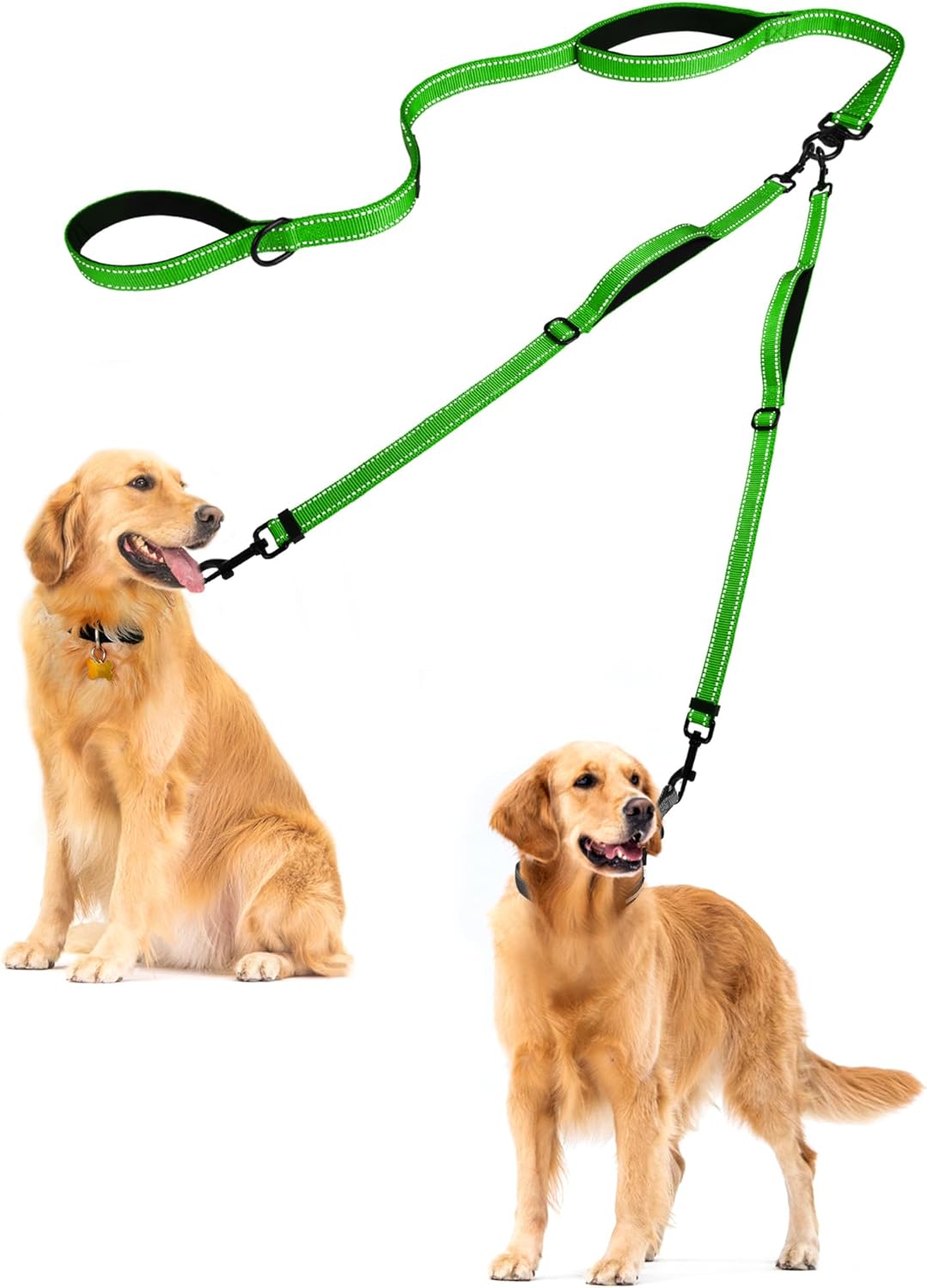 PetBonus Double Dog Leash, No Tangle Dual Leash, Reflective Walking Training Lead, 4 Comfortable Padded Handles for 2 Dogs with Collapsible Bowl and Waste Bags (Grass Green, Large)