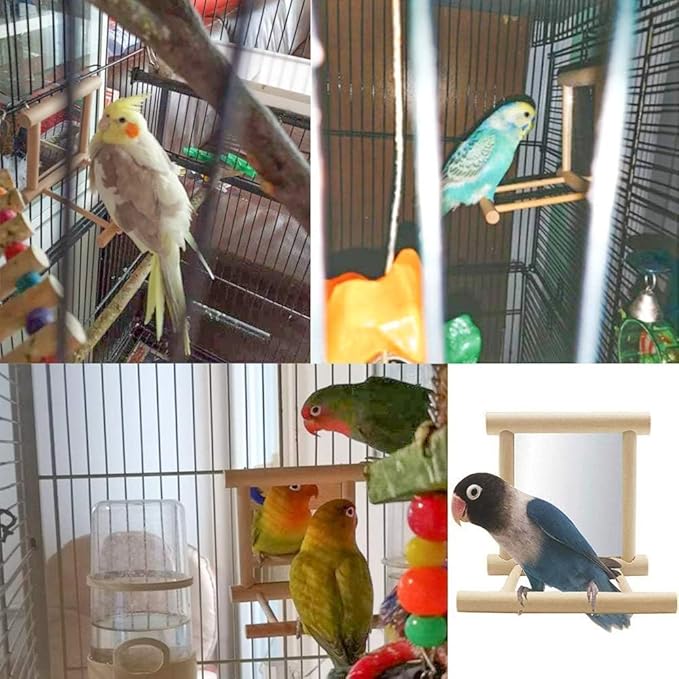 Bird Mirror Parakeet Mirror Perch Stand Wooden Swing Mirror Toy Cage Accessories for Parrots Budgies Parakeets Cockatiels Lovebirds Finches