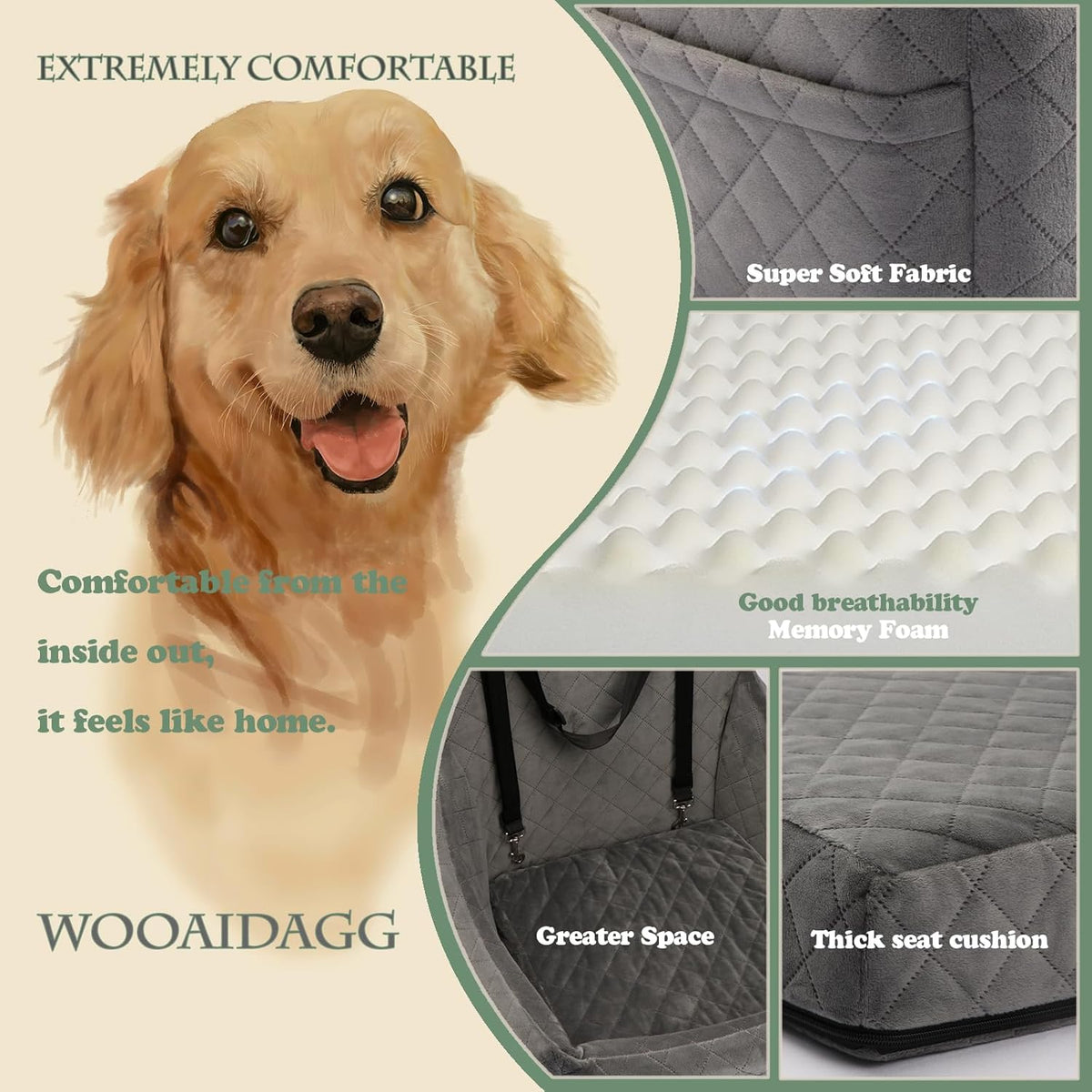 Dog Car Seat for Medium Sized Dog,Pet Travel Car Bed with Seat Belt Channle,Fully Detachable and Washable Car Dog Seat with Adjustable Straps,3 Straps Easy to Install (Grey)