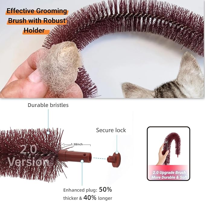 Happi N Pets Original Cat Self Groomer, Arch Grooming Brush wtih Heavy Wooden Scratching Pad, Rubbing Post & Toy, Cat Face Scratchers Body Massager, Cat Scratchers for Indoor Cats, Brown
