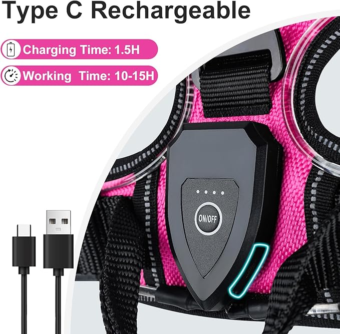 Taglory Light Up Dog Harness, Rechargeable No Pull Dog Vest with 3 Lightning Modes, Reflective Dog Harness with 2 Leash Clips & 4 Adjustable Slide Strips for Large Dogs, Hotpink-Hotpink, XL
