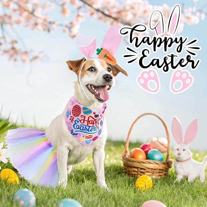 SCENEREAL Easter Dog Bandana Outfit with Cute Bunny Ears Headband and Tutu Dress, Puppy Holiday Costume Accessory, Pink Eggs Rabbit Prints Scarf Pet Birthday Party Supplies for Small Medium Dogs Cats