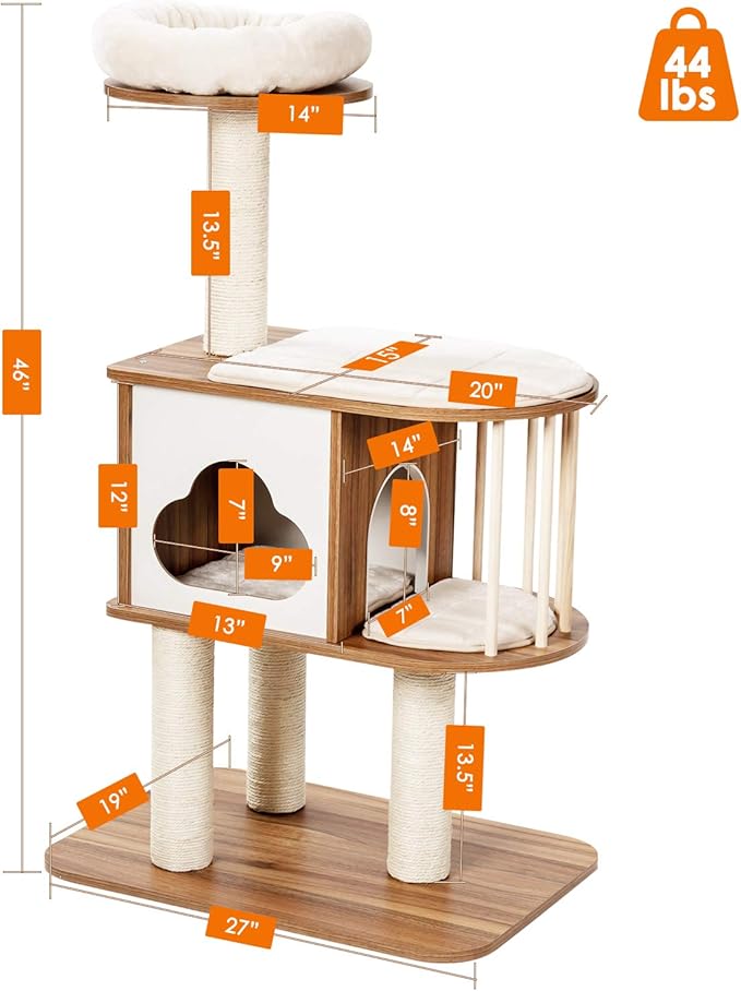 Tangkula Modern Wood Cat Tree, 46 Inches Cat Tower with Platform, Cat Activity Center with Scratching Posts and Washable Cushions, Wooden Cat Condo Furniture for Kittens and Cats (Natural)