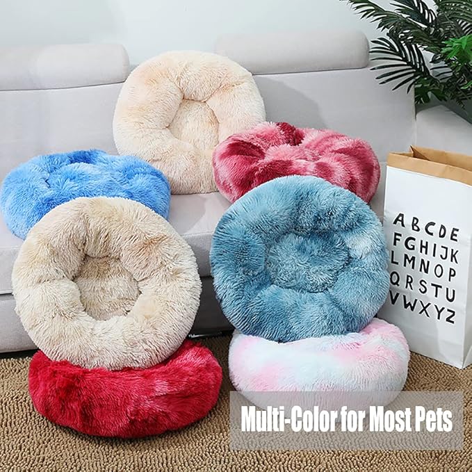 Calming Faux Fur Dog Beds Calming Donut Cuddler Dog Bed Washable Round Cat Bed Pillow Cuddler Fluffy Indoor Dog Calming Beds with Anti Slip Bottom Solid Color White 20 Inch