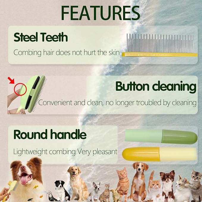 2Pcs Flea Comb for Cats Dogs,Long & Short Stainless Steel Metal Teeth for Shedding and Tangles,Cat Combs for Indoor Cats