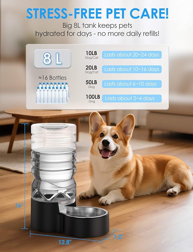 2.1 Gallon Automatic Dog Water Dispenser【Wide Mouth for Easy Hand-in Cleaning】【Removable Stainless Steel Bowl】, Gravity Refilling Large Capacity for Cats and Dogs, Multi-Pet Homes