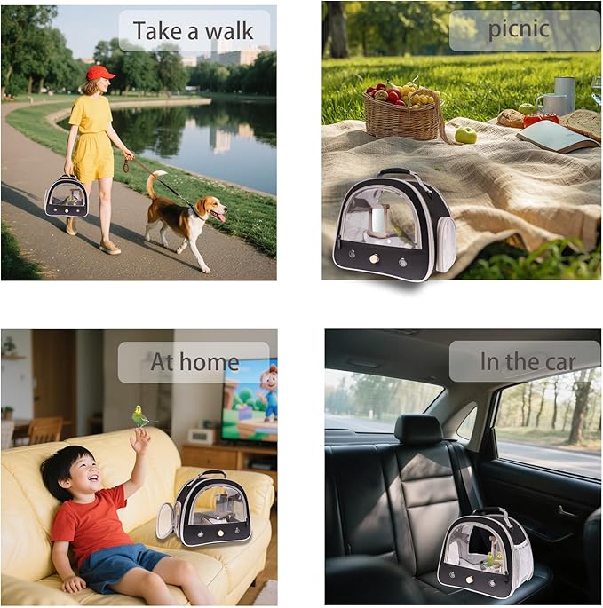 Parrot Travel Cage Carrier with Bird Cage Bells Mirror Set,Portable Small Bird Parakeet Bag with Standing Perch and Comfy Mat Bird Carry Transport Bag with Clear Window Outdoor Adventure