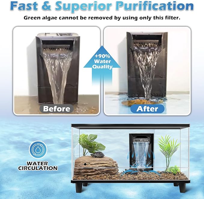 222GPH 10W Turtle Tank Filter Aquarium Filter Power Adjustable 10-40 Gal. Small Internal Filter 3-Stage Waterfall Bio-Filtration Quiet Low Water Level for Freshwater Saltwater Fish Tank Easy to Clean