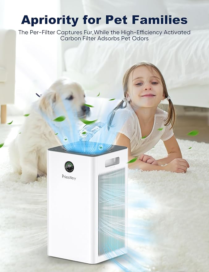 Priestley Air Purifiers for Home Large Room up to 1500 sq ft, Smart Control Air Purifier, True HEPA Filter Air Cleaner Removes 99.97% of Particles, Dust, Allergies Pets Odor, 22dB Quiet Sleep Mode