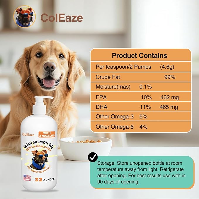 Salmon Oil for Dogs, Fish Oil for Cats, 32oz Salmon Oil for Dogs Skin and Coat Fish Oil Supplements with Vitamin D, EPA + DHA for Itchy Relief, Immune Support for Joints & Heart, Dry Skin & Allergies