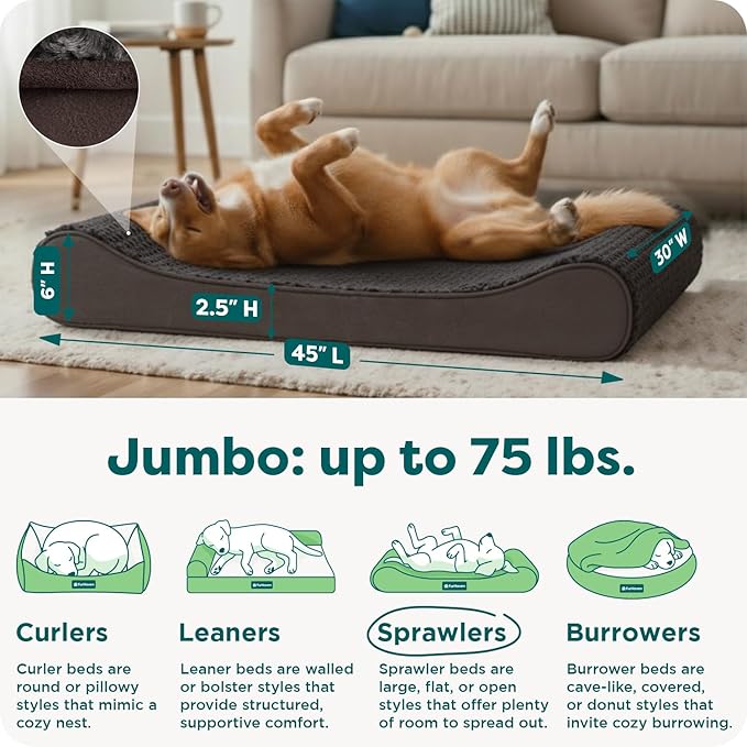 FurHaven Orthopedic Dog Bed for Large Dogs, Luxe Lounger Contour Mattress with Solid Orthopedic Foam Slab for Joint Support, Removable Washable Cover, Jumbo XL, Plush Suede, Chocolate