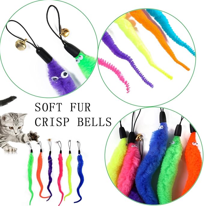 24 PCS Cat Worm Toy Refills Cat Wand Toy Replacement Interactive Wand Accessories Feather Worm Teaser Refills Attachment