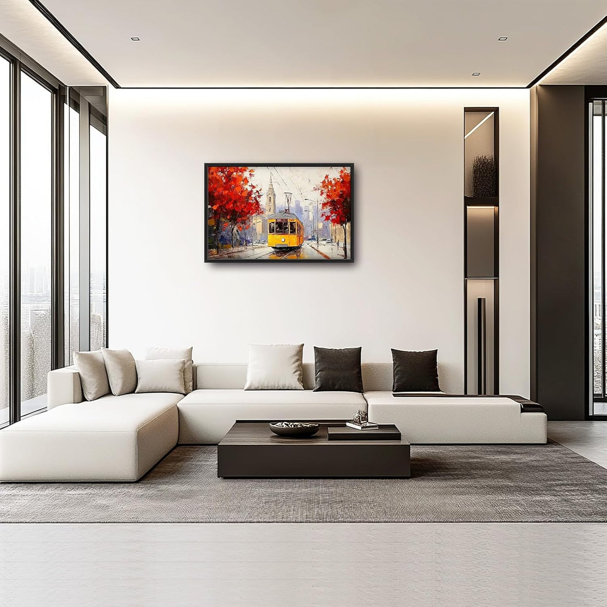 Large Cityscape Wall Art for Living Room, Framed Oversized Urban Tram Wall Decor Tree Landscape Canvas Painting Modern Artwork for Living Room Bathroom Bedroom Office Dining Room 36"x24"