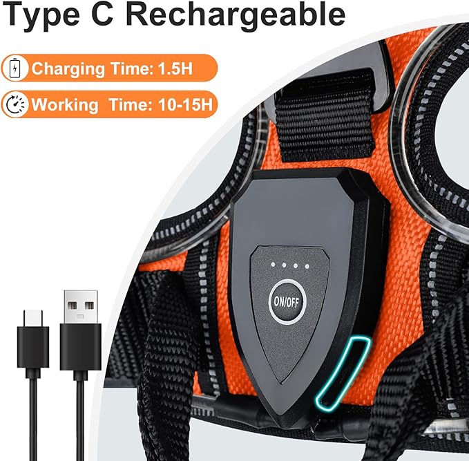 Taglory Light Up Dog Harness, Rechargeable No Pull Dog Vest with 3 Lightning Modes, Reflective Dog Harness with 2 Leash Clips & 4 Adjustable Slide Strips for Small Dogs, Orange-Orange, S