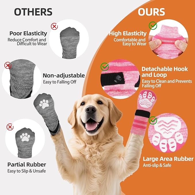 PUPTECK Non-Slip Dog Socks to Prevent Licking Paws, Double Sides Dog Boots & Paw Protectors Booties on Hardwood Floors Hot Pavement with Grippers, for Small Medium Large Senior Dogs, Fuchsia M