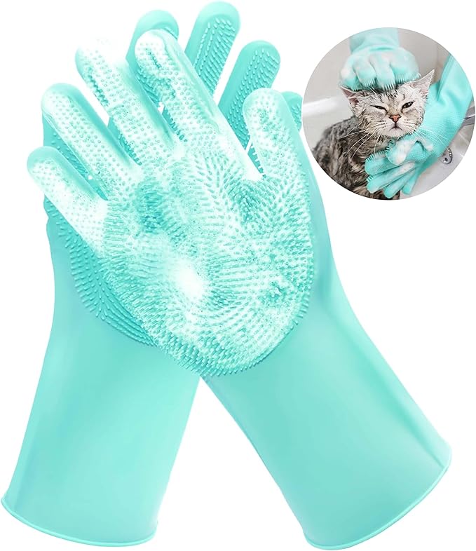 Pet Grooming Gloves，Heat-Resistant Silicone Gloves with High-Density Teeth for Enhanced Massaging and Bathing of Dogs and Cats (Green, 1 Pair)