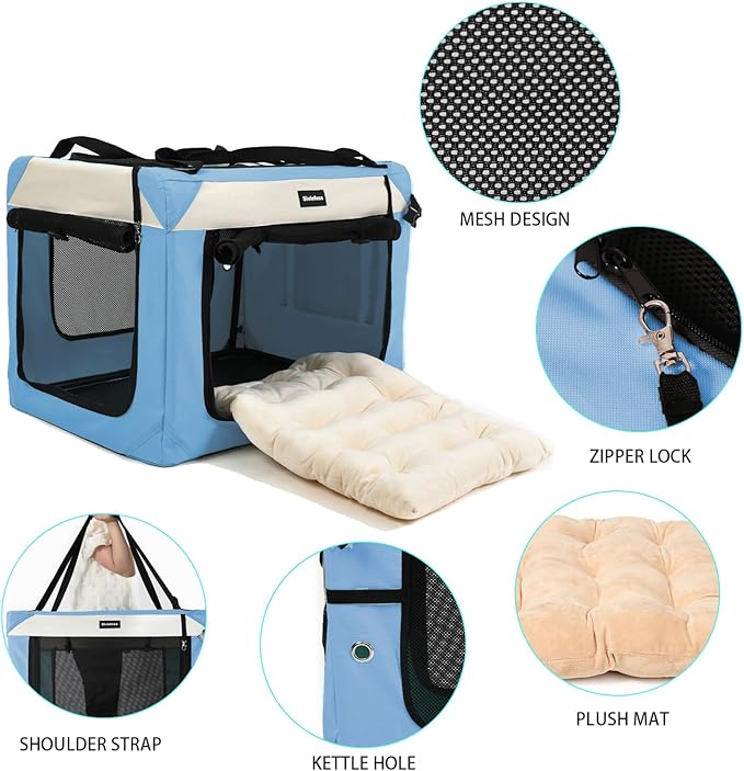 Collapsible Travel Dog Crate Portable Soft-Sided Pet Kennel Extra Large Cat Carrier with Soft Plush Fur Mat for Indoor and Outdoor,28x20x20in Sky Blue