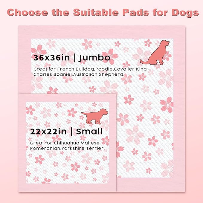 MIZOK 36x36 Puppy Pads Pink, Dog Pee Pads Leak-Proof with Quick-Dry Surface, Dog Pads Extra Large with Cherry Blossom Prints, Pee Pads for Dogs Super Absorbent (30 Count)