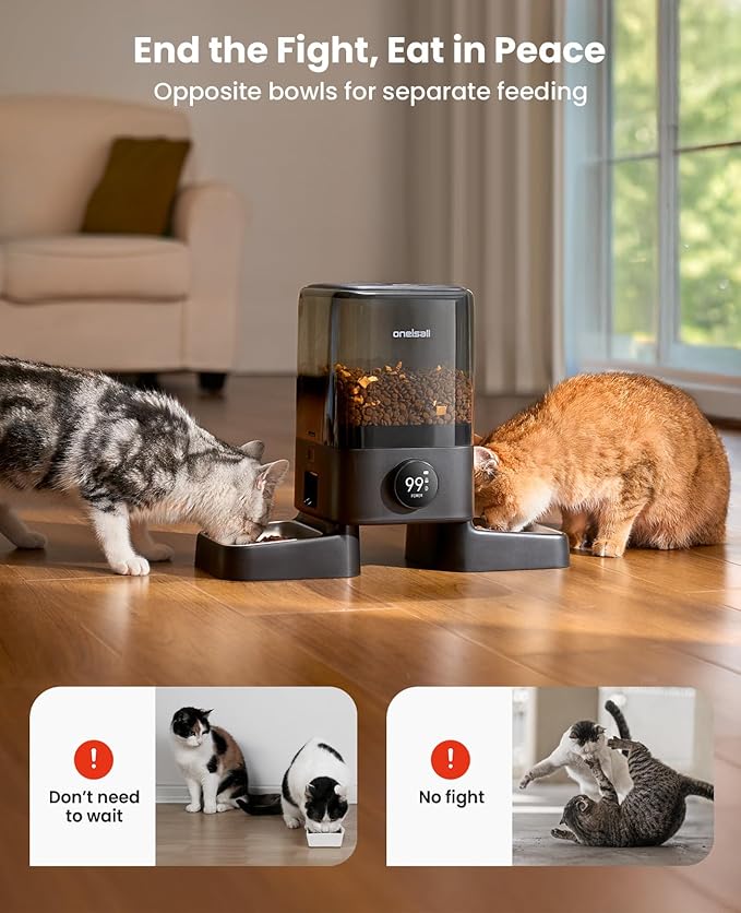 oneisall Wireless WiFi Automatic Cat Feeders 2 Cat, Rechargeable 100-Day Battery Operated Timed Cats Feeder, 20 Cups/5L Cats Food Dispenser Automatic for Large Kibble, Smart App Control.