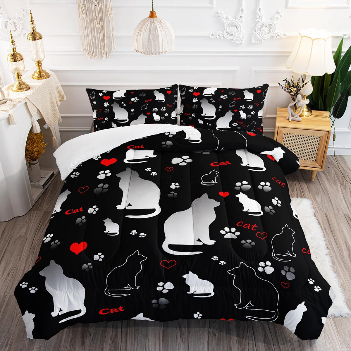 Kawaii Cat Animal Themed Comforter Set 3Pcs Twin Black White Pet Cat Bedding Set for Kid Teen Girl Boy Adult Room Decor Cartoon Cat Paw Heart Pattern Quilt with 1 Comforter and 2 Pillowcases