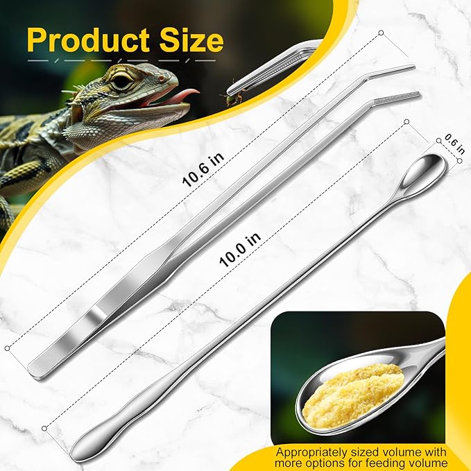 2pcs Reptile Feeding Tongs, Feeding Spoon, Stainless Steel Aquarium Feeding Tools, Curved Long Tweezers 10.6 in, Long Spoon 10 in (Coffee Spoon) for Feeding Lizards, Bearded Dragons and More.