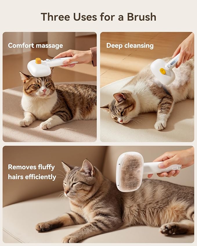 ROJECO 3-in-1 Pet Steam Brush for Cats&Dogs-Pet Spray Hair Removal Detangling Comb with Adjustable Mist,Handheld Deshedding Grooming Tool for Long/Short Hair,Massage Brush & Shedding Control,Cordless