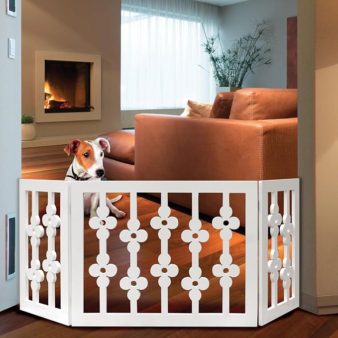 Etna White Floral Wooden Pet Gate - Freestanding Foldable Adjustable 3-Section Dog Gate. Extra Wide, Keeps Pets Safe Indoors/Outdoors - Fully Assembled
