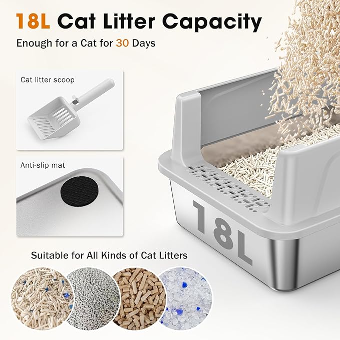 2PACK Stainless Steel Cat Litter Box with Lid, High-Sided Metal Litter Pan for Small Cats, Kitty Litter Box, Non-Stick & Odor-Resistant, Anti-Urine Leakage, Easy to Clean, Scoop Included
